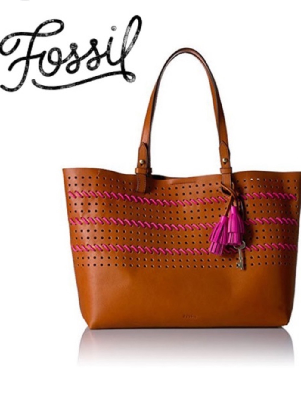 Fossil Brown Leather Tote with Pink Accents